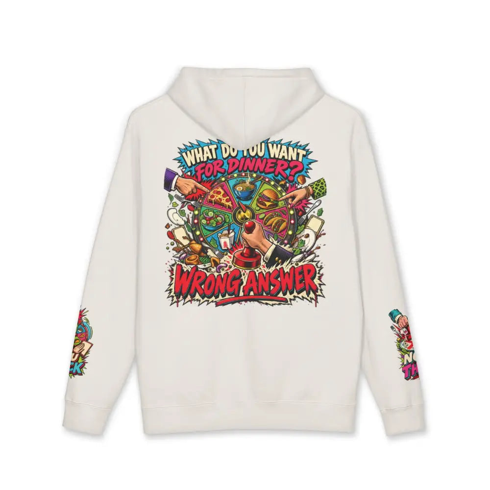 Off-white heavyweight hooded sweatshirt with a retro comic pizza graphic and text perfect for loud streetwear style