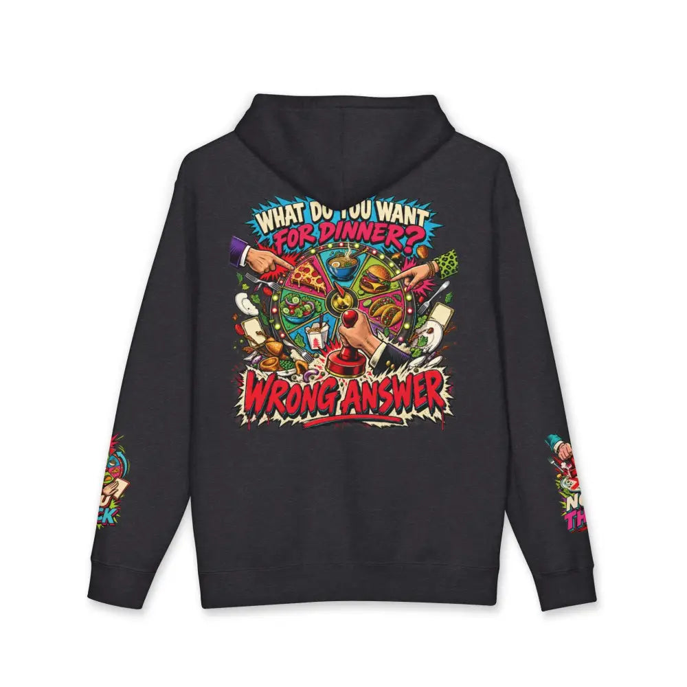 Black heavyweight hooded sweatshirt featuring a vibrant retro comic pizza graphic with bold red text on front