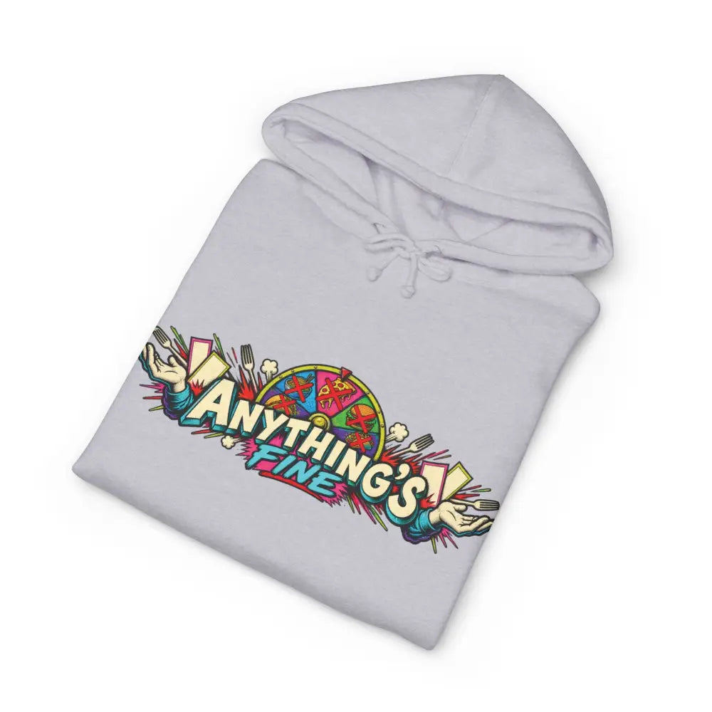 A light gray heavyweight hooded sweatshirt featuring a colorful anything’s fine graphic with food and hands illustrations