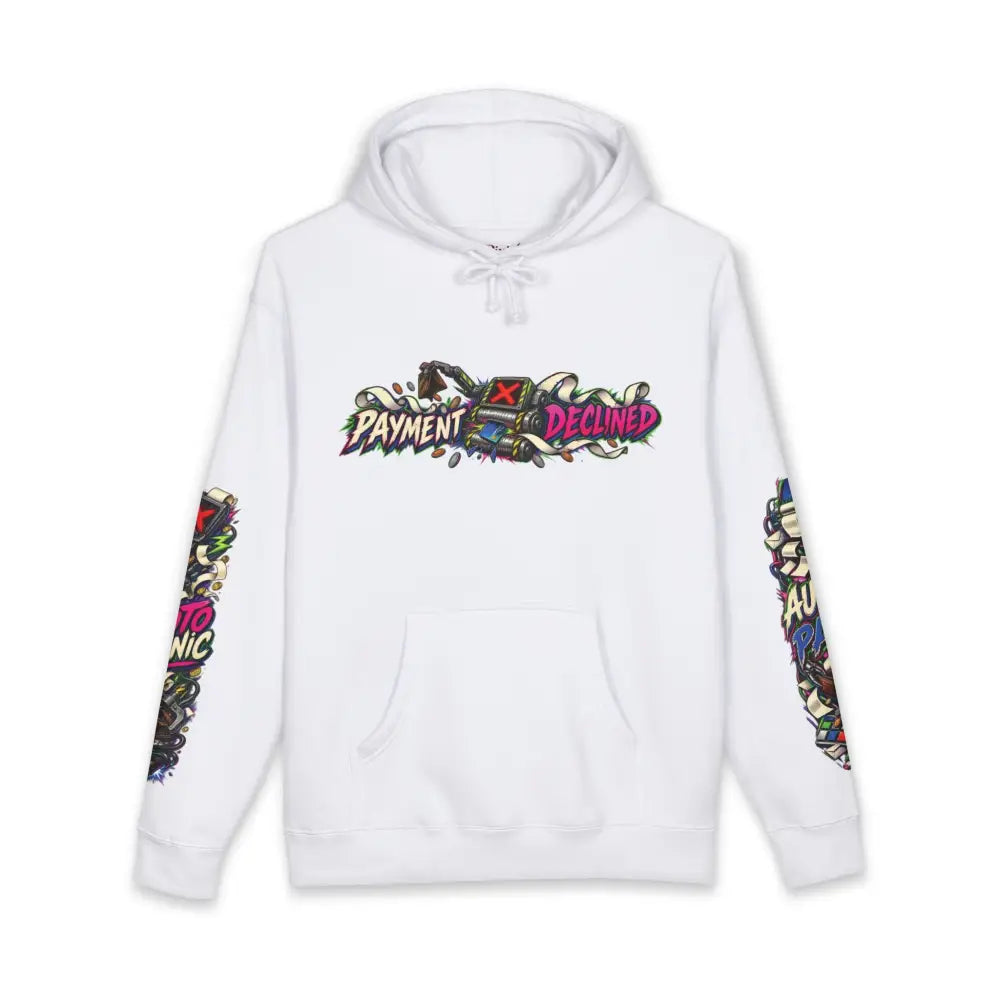 White heavyweight hooded sweatshirt with vibrant graffiti style payment declined graphic on chest and sleeve designs