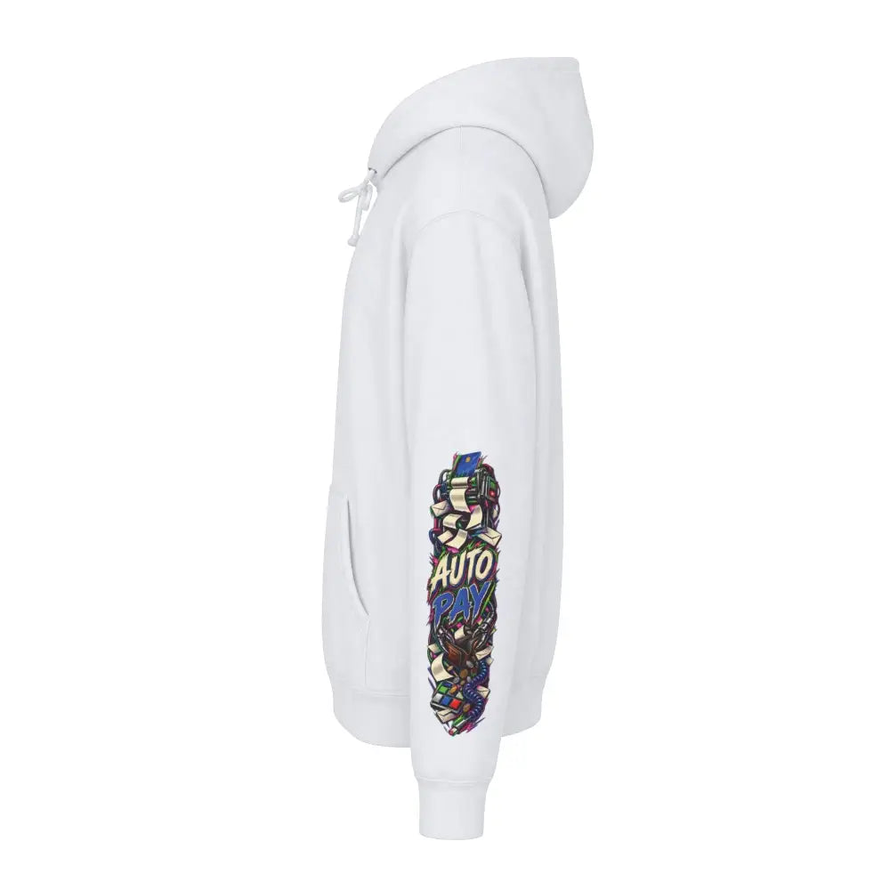 White heavyweight hooded sweatshirt with colorful auto pay graphic on left sleeve from being alive has hidden fees collection