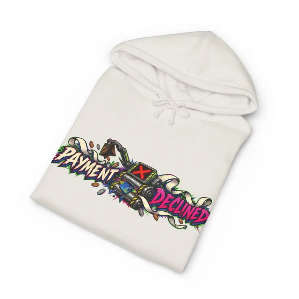 White heavyweight hooded sweatshirt with colorful payment declined cartoon machinery and coins graphic for streetwear