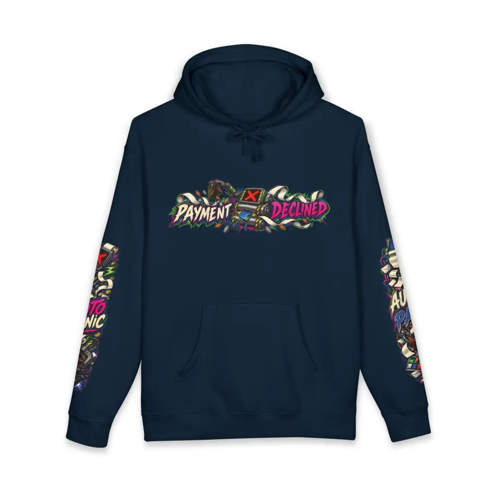 Navy blue heavyweight hooded sweatshirt with vibrant graffiti style payment declined graphic and matching sleeve designs