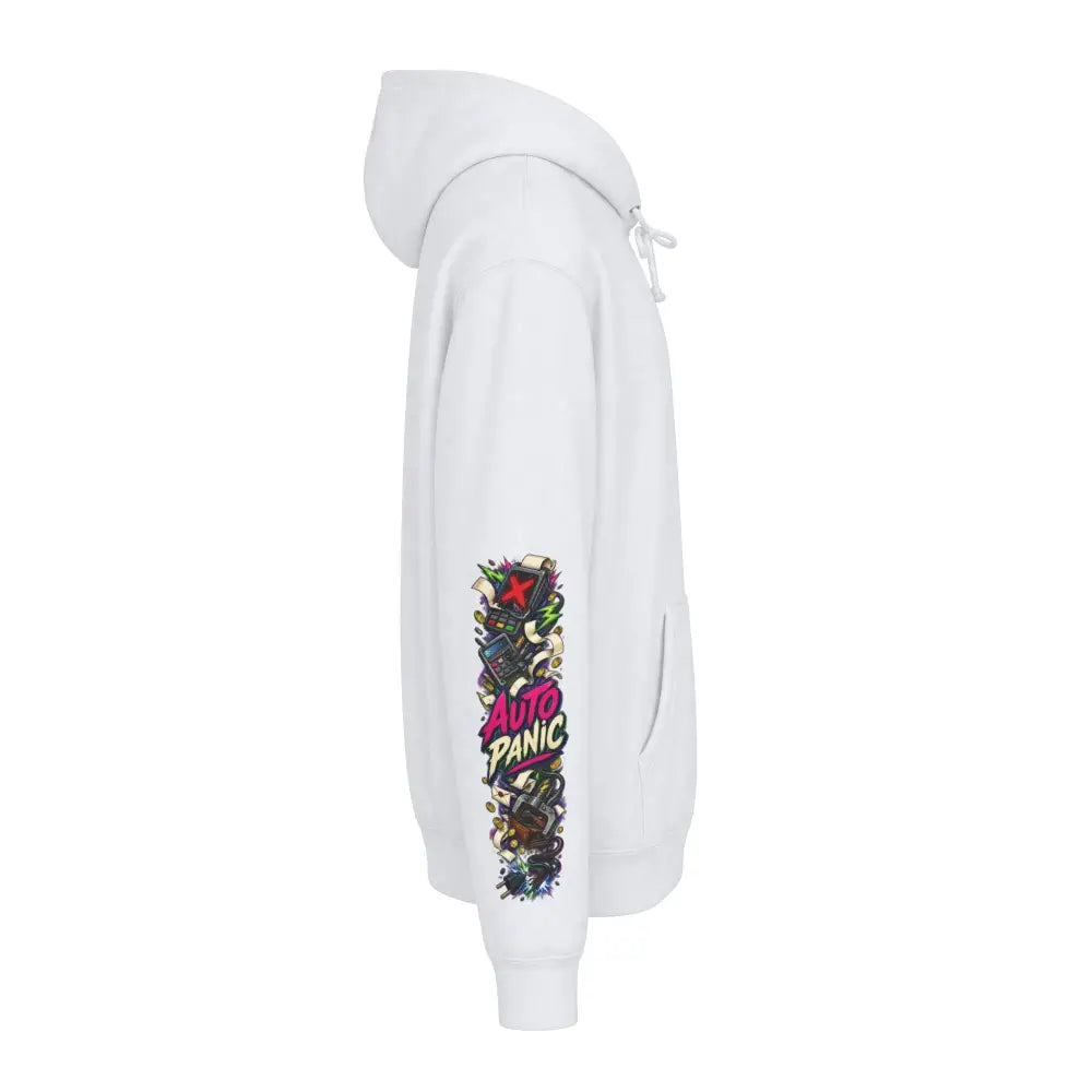 White heavyweight hooded sweatshirt featuring vibrant graffiti style auto panic graphic with bold pink lettering on sleeve