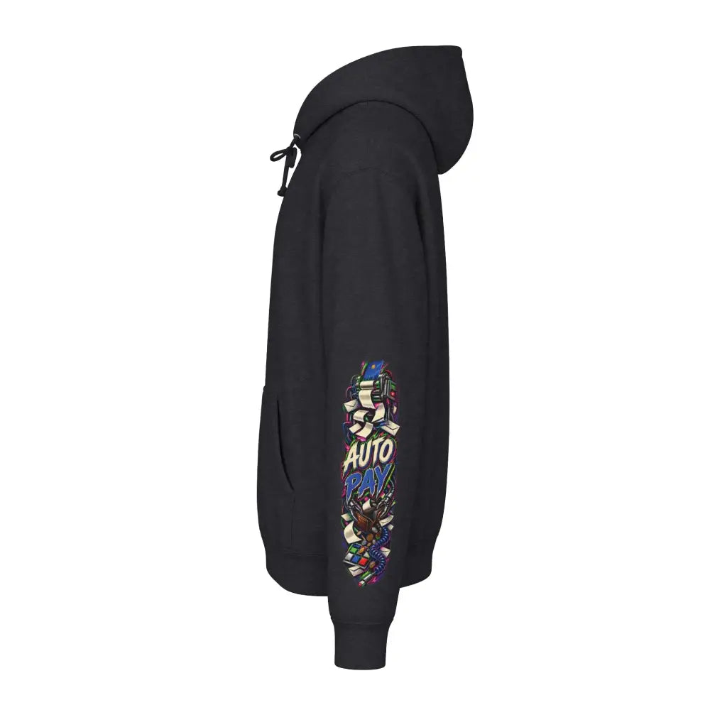 Black heavyweight hooded sweatshirt with colorful auto pay graphic on left sleeve from being alive has hidden fees pullover