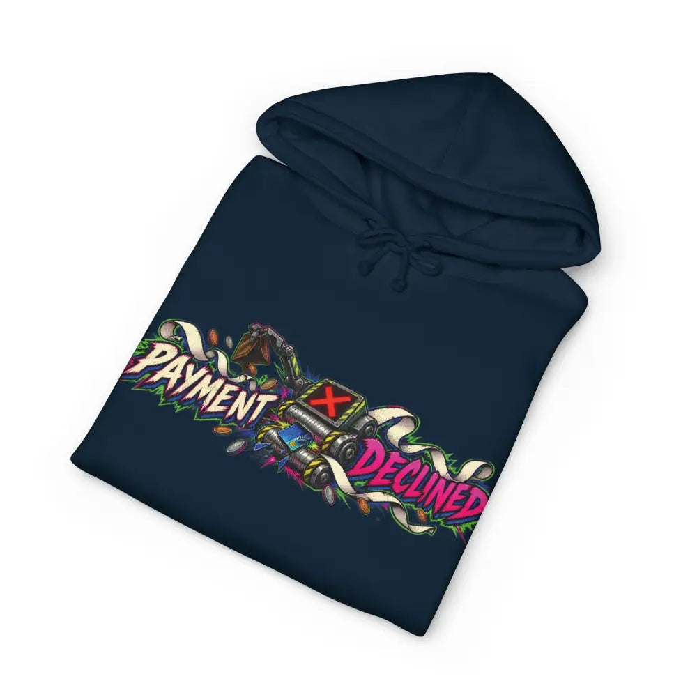 Navy blue heavyweight hooded sweatshirt with vibrant payment declined graffiti graphic and illustrated gun unisex pullover