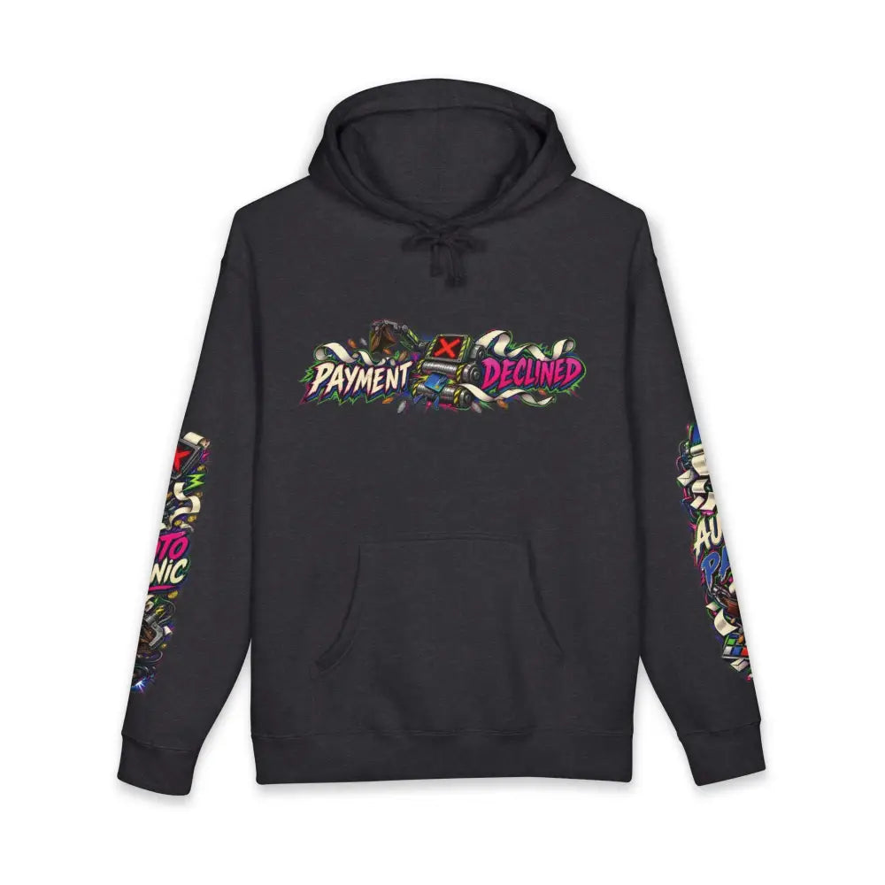 Black heavyweight hooded sweatshirt with vibrant graffiti style payment declined graphics and matching sleeve designs
