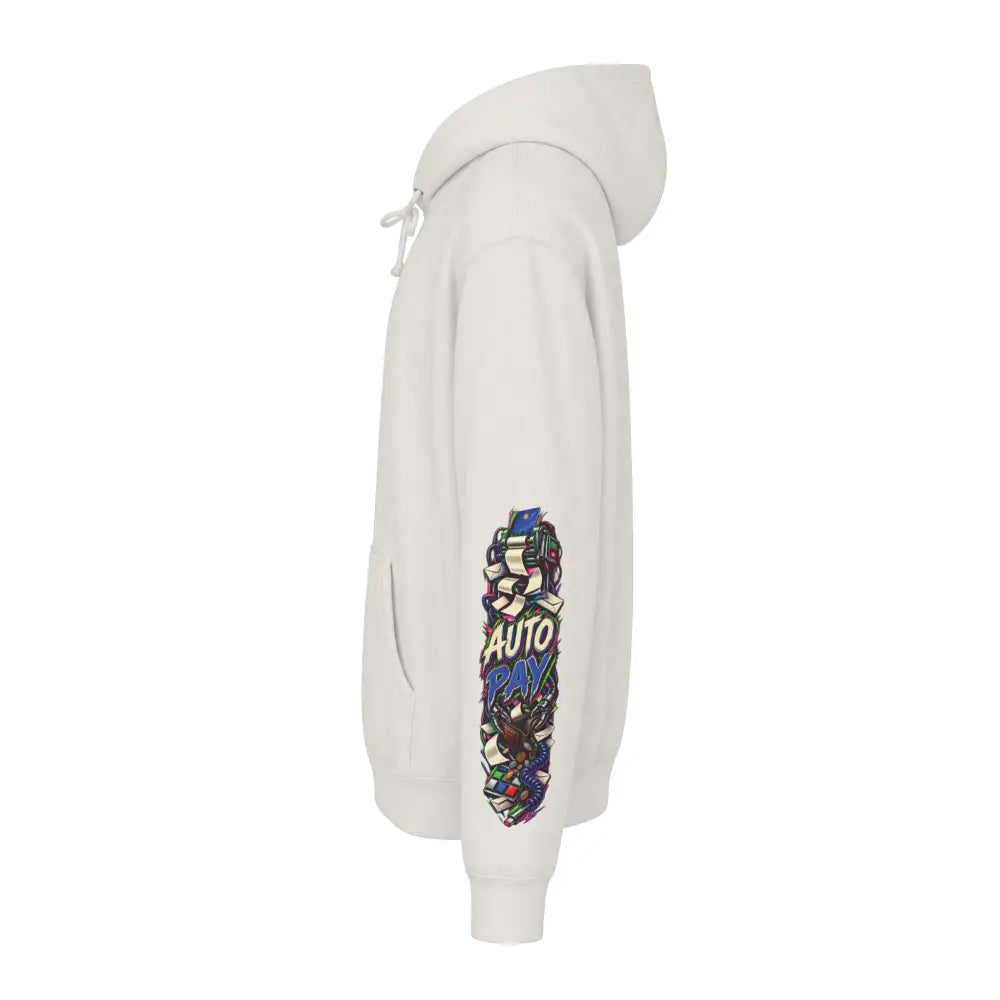 Cream-colored heavyweight hooded sweatshirt with vibrant multicolored auto pay graphic on left sleeve streetwear pullover