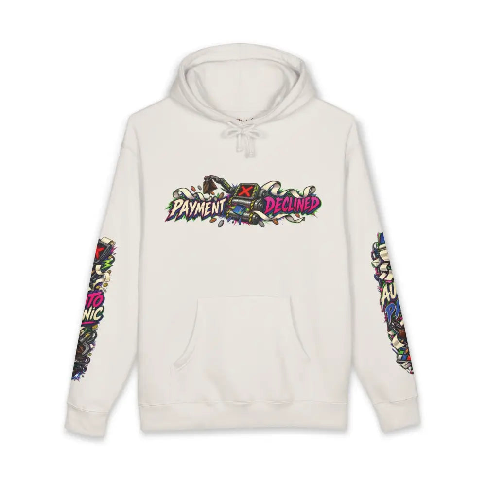 Off-white heavyweight hooded sweatshirt featuring vibrant graffiti style payment declined graphic on chest and sleeves