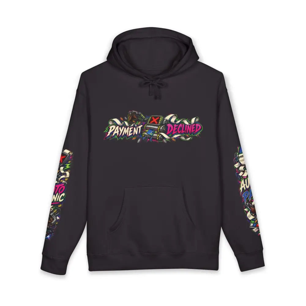 Black heavyweight hooded sweatshirt with vibrant graffiti style payment declined graphic on chest and sleeve designs