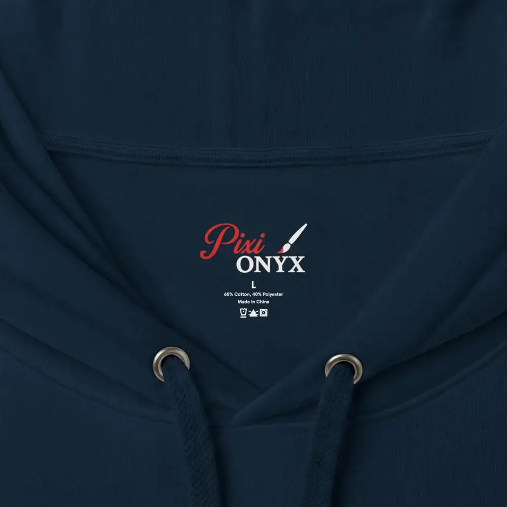 Navy blue heavyweight hooded sweatshirt with white and red pixi onyx logo tag and graphic streetwear design