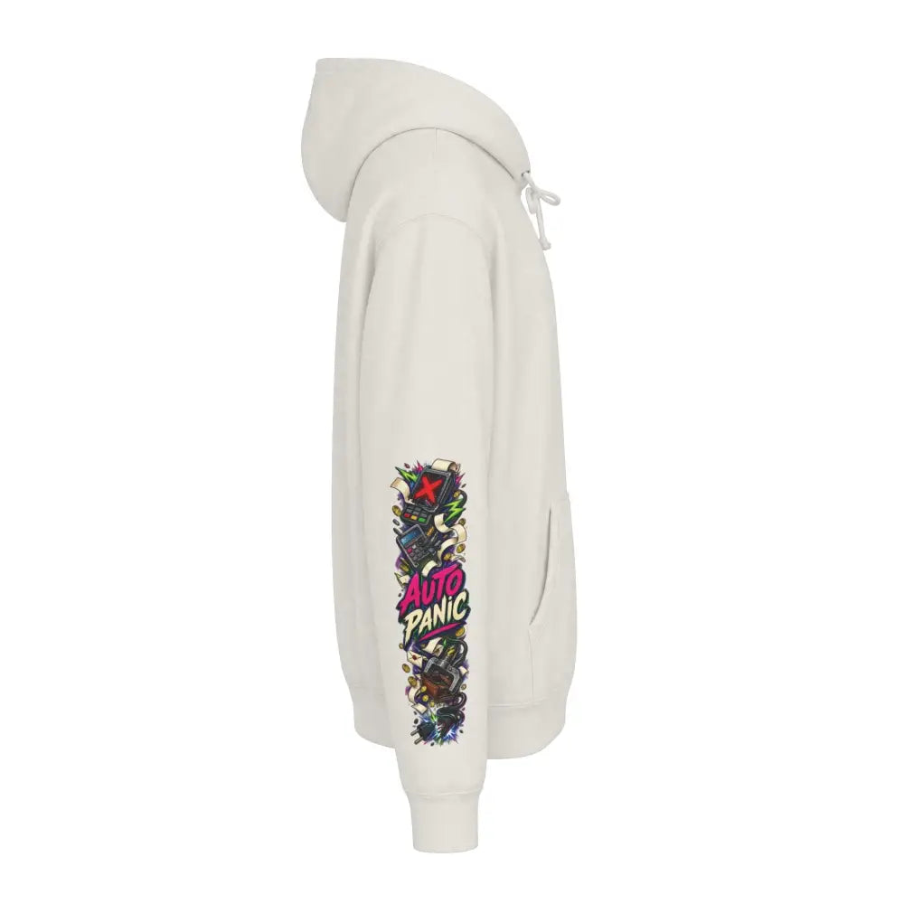 Cream-colored heavyweight hooded sweatshirt with vibrant graffiti style auto panic graphic on left sleeve for streetwear