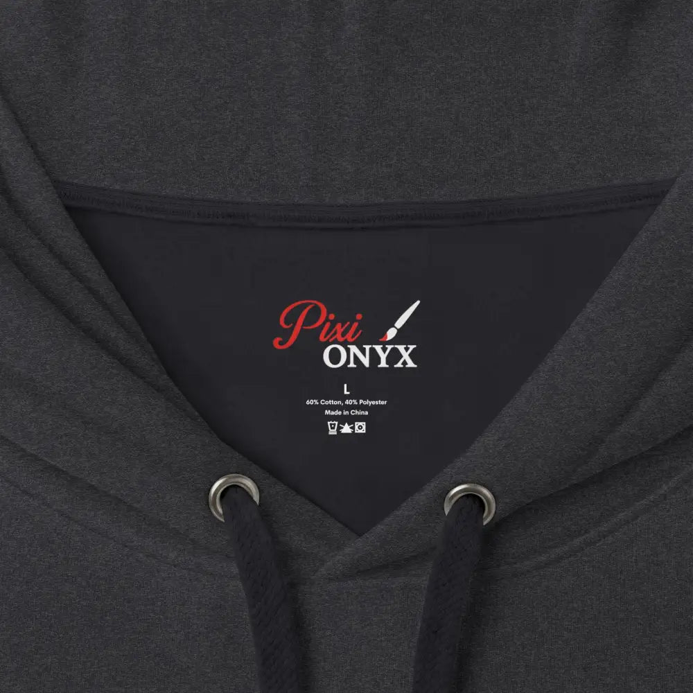 Dark gray heathered heavyweight hooded sweatshirt with black drawstrings and branded label inside the collar