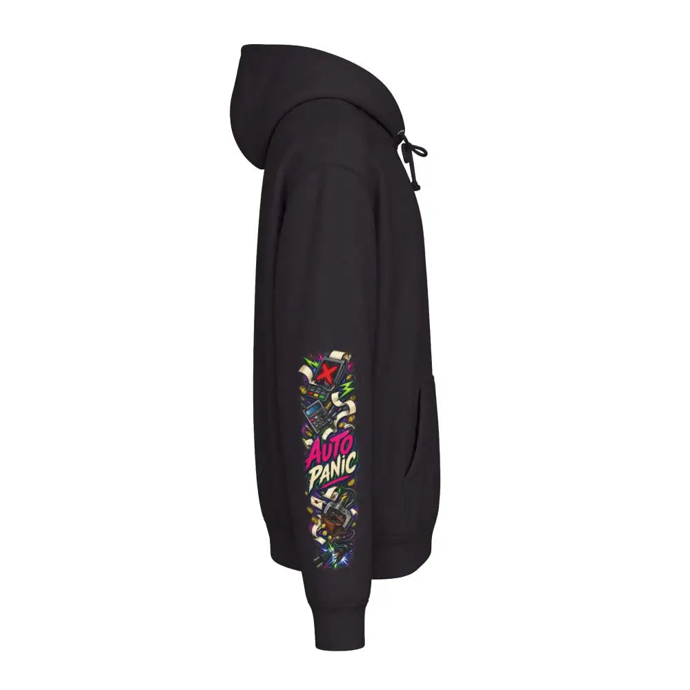 Black heavyweight hooded sweatshirt with vibrant colorful graphic sleeve and auto panic text in pink and white