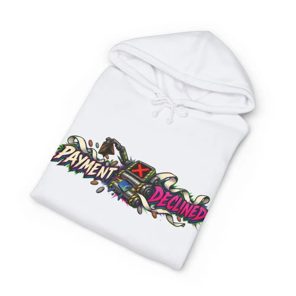 White heavyweight hooded sweatshirt with colorful graffiti graphic and payment declined robot design for streetwear