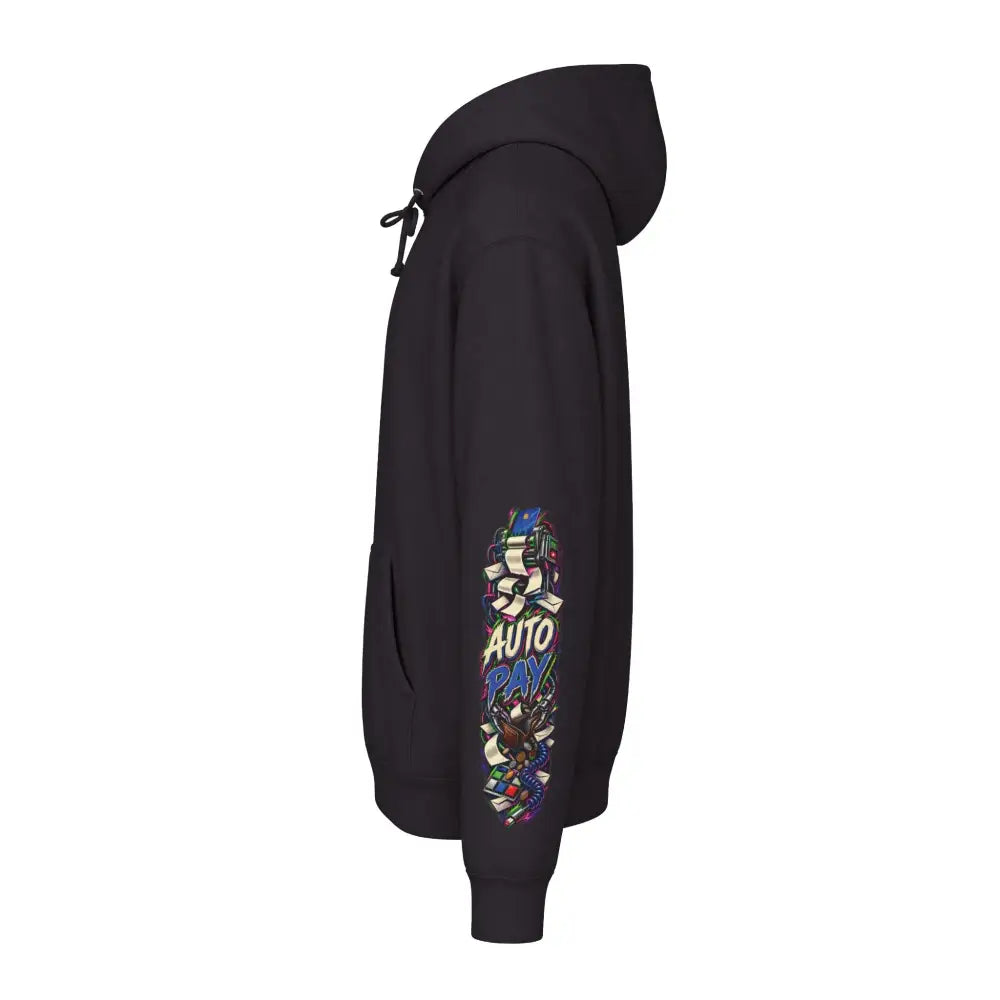 Black heavyweight hooded sweatshirt with vibrant auto pay graphic down left sleeve from being alive has hidden fees pullover