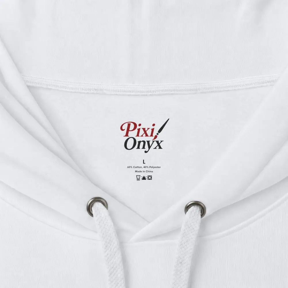 White pixi onyx heavyweight hooded sweatshirt with red black logo tag made of 40 cotton 60 polyester
