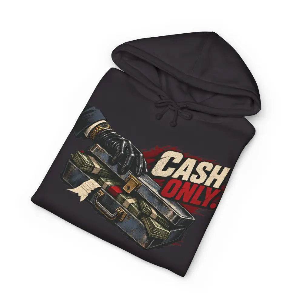 Black fleece-lined hooded sweatshirt with ribbed cuffs featuring cash only graphic and retro business none of yours design