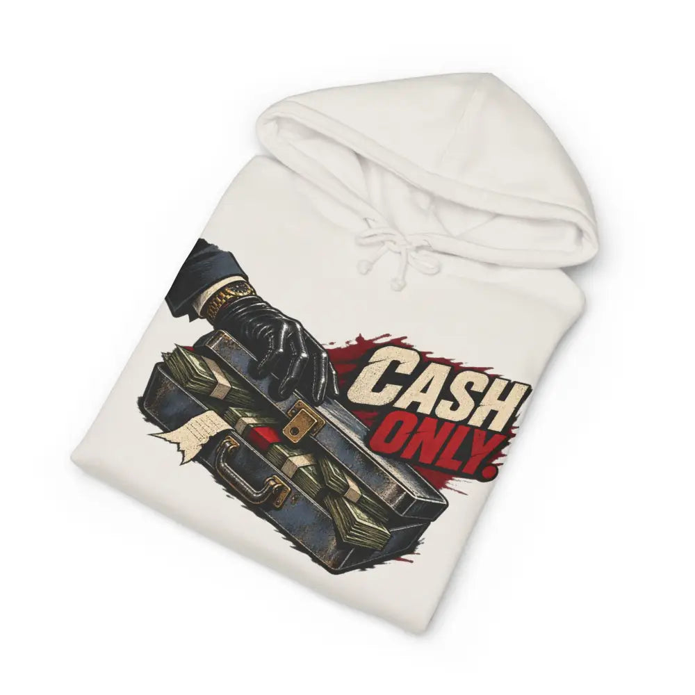White fleece-lined hooded sweatshirt with ribbed cuffs featuring cash only graphic and briefcase cash design