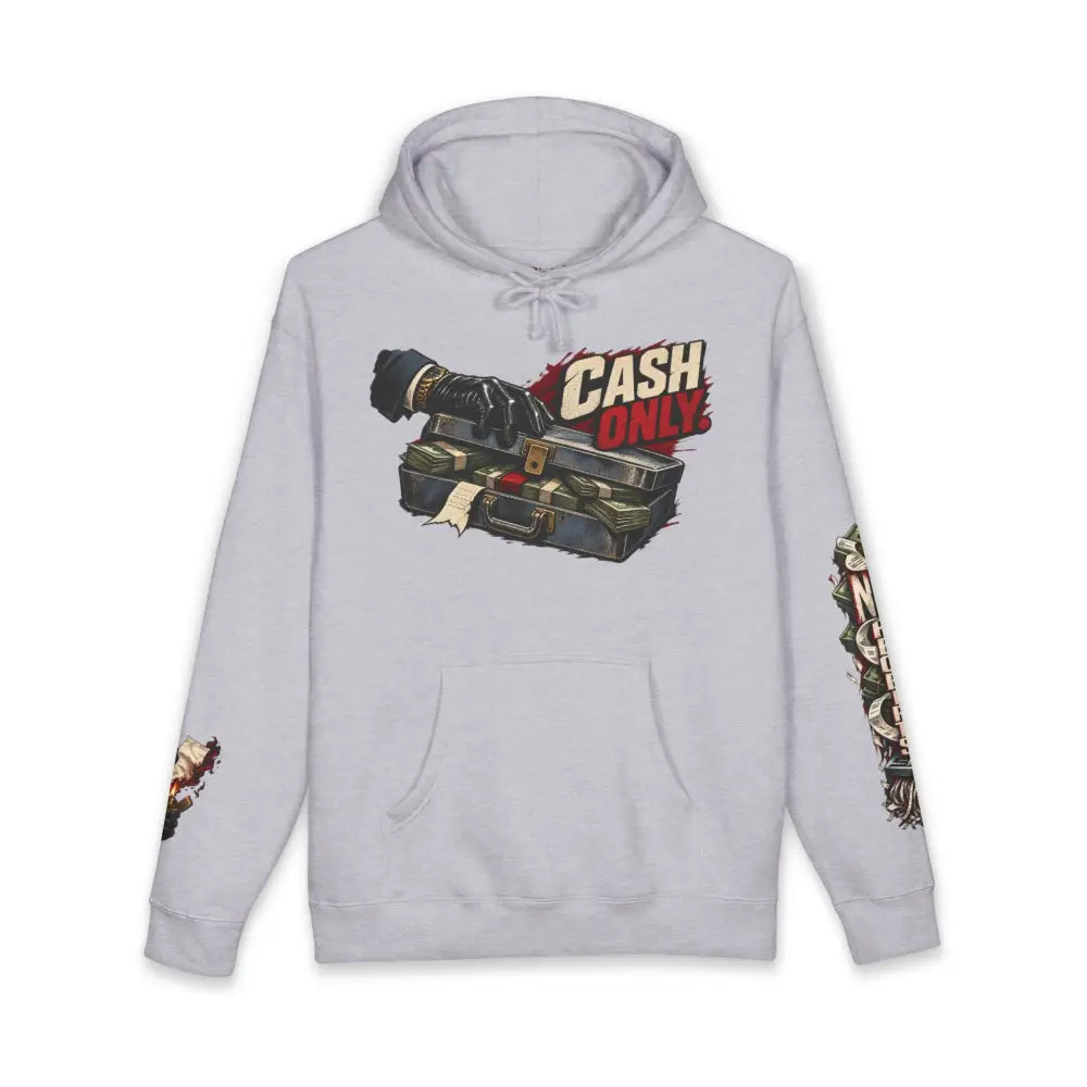 Light gray unisex fleece-lined hooded sweatshirt with cash only graphic, ribbed cuffs, and detailed sleeve illustrations