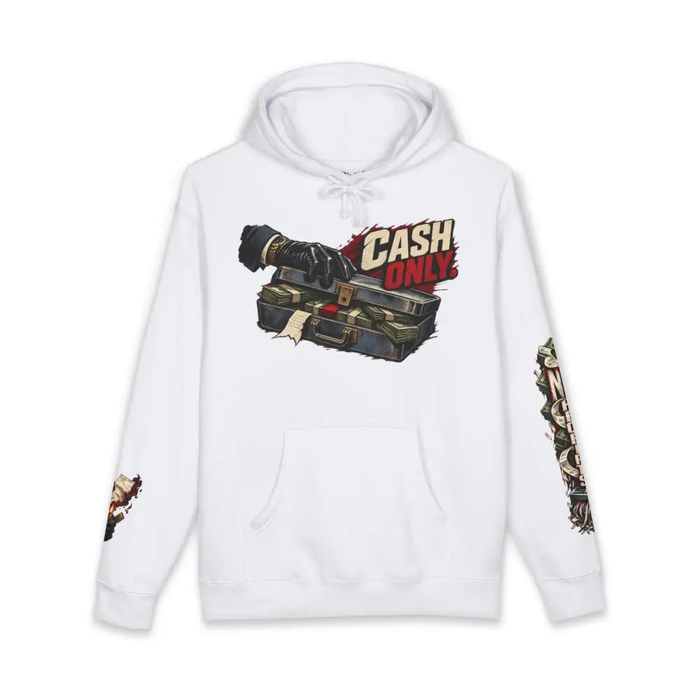 White fleece-lined hooded sweatshirt with cash only graphic, ribbed cuffs, and detailed sleeve designs in red accents