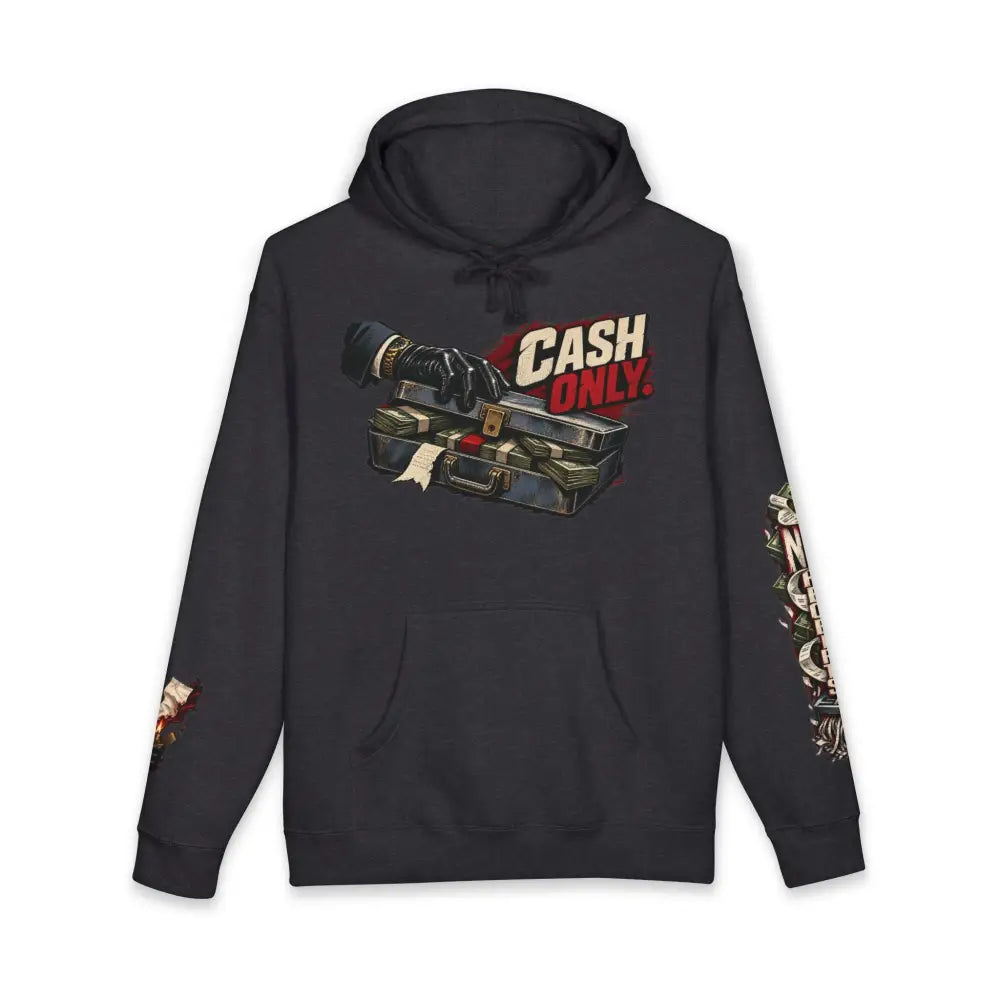 Black unisex fleece-lined hooded sweatshirt with cash only graphic and ribbed cuffs in retro business none of yours design