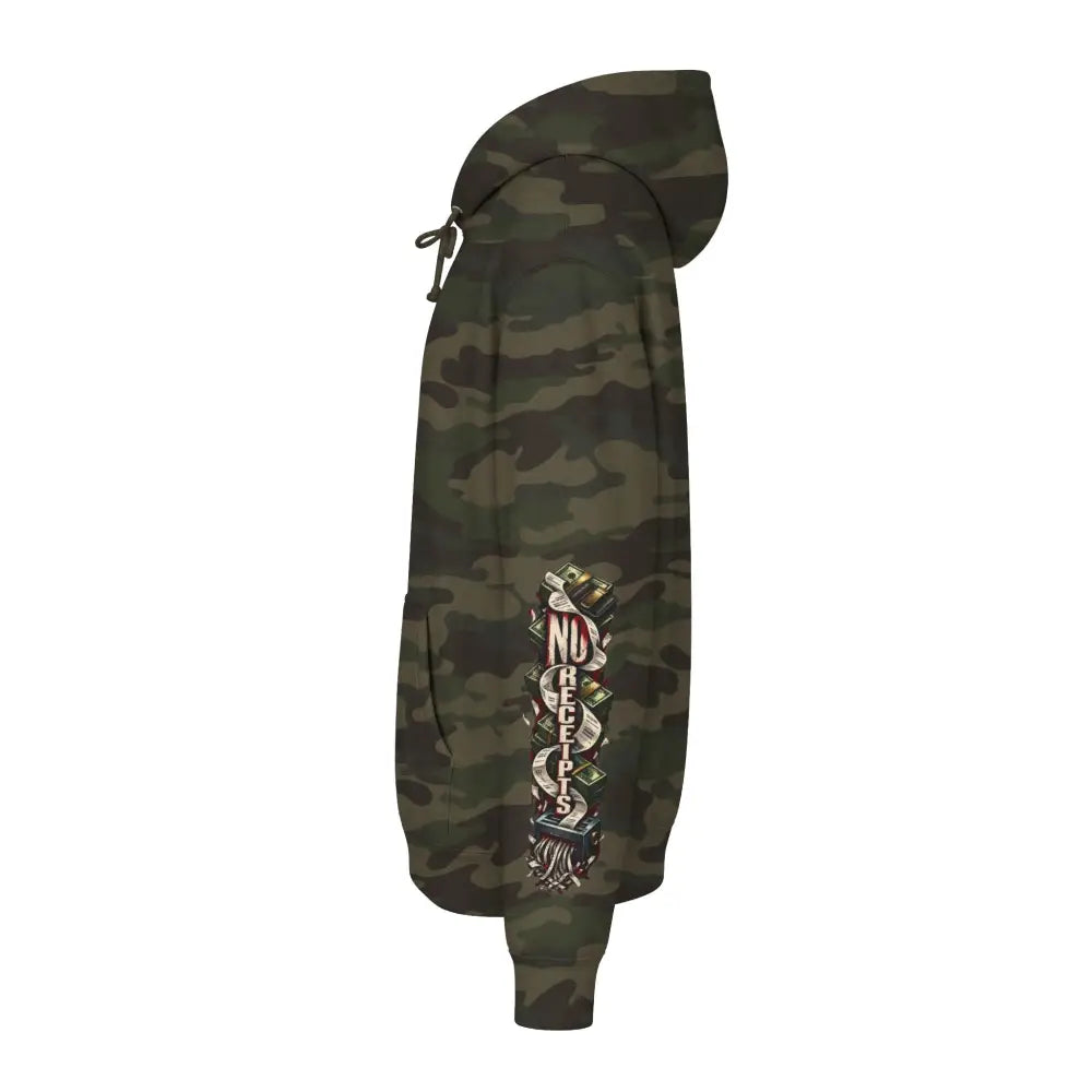 Unisex camouflage fleece-lined hooded sweatshirt with no receipts graphic and ribbed cuffs in cash only style
