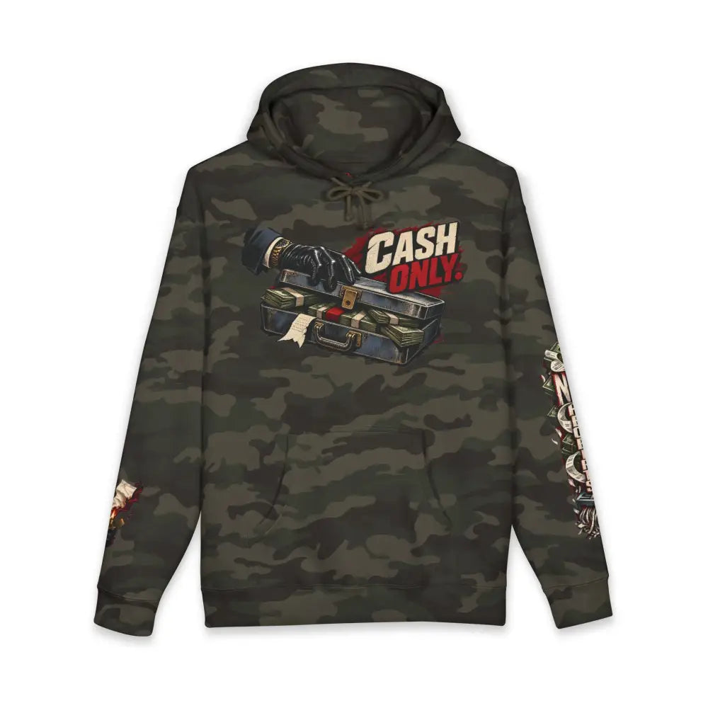Dark green camouflage fleece-lined hooded sweatshirt with ribbed cuffs featuring cash only graphic and briefcase design
