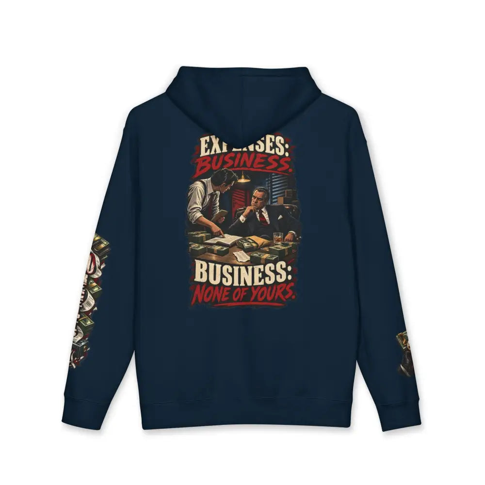 Navy blue unisex hooded sweatshirt fleece-lined hood ribbed cuffs vintage graphic with business cash only design