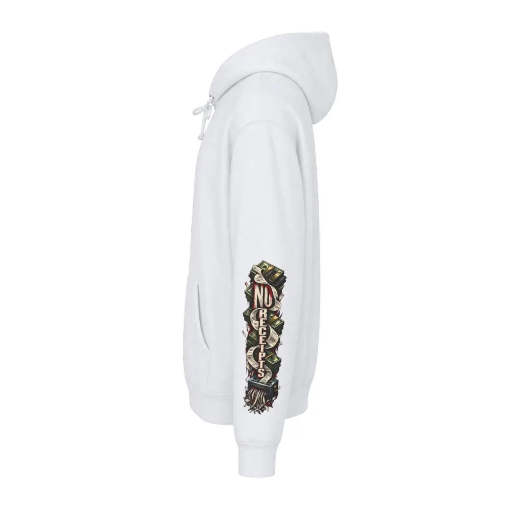 White fleece-lined hooded sweatshirt with ribbed cuffs featuring a vertical cash graphic and no receipts text on left sleeve