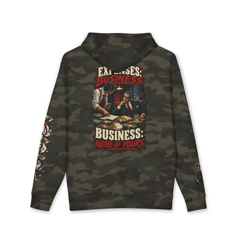 Dark green fleece-lined hooded sweatshirt with ribbed cuffs featuring retro cash only graphic and business text print