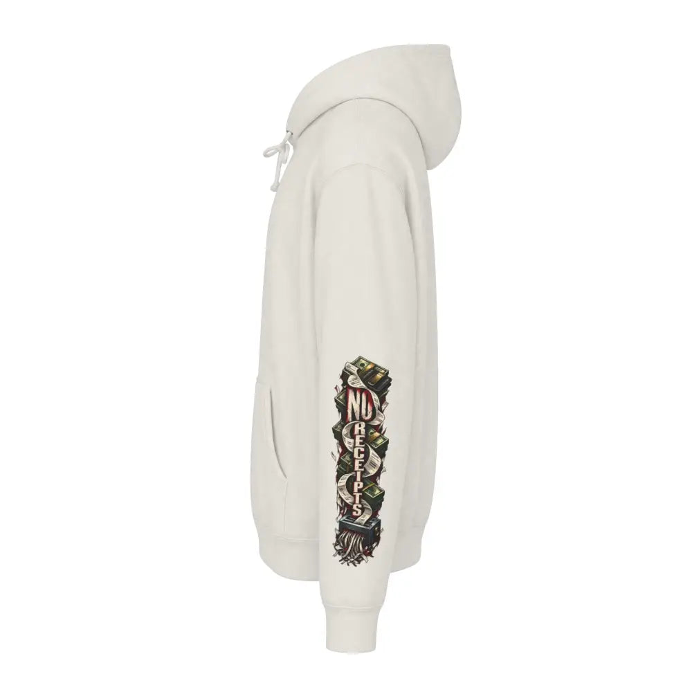 Cream-colored unisex hooded sweatshirt with fleece-lined hood ribbed cuffs and no receipts graphic on the left sleeve