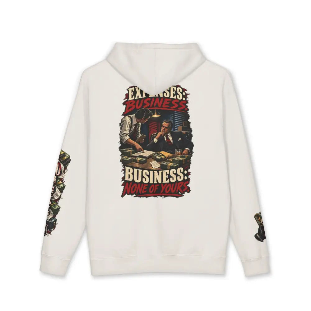 Off-white unisex fleece-lined hooded sweatshirt with vintage cash only graphic and ribbed cuffs for cozy wear