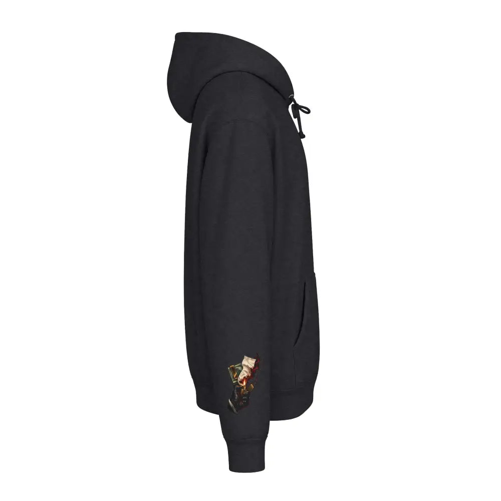 Unisex black hooded sweatshirt with fleece-lined hood ribbed cuffs and small graphic print on lower left sleeve