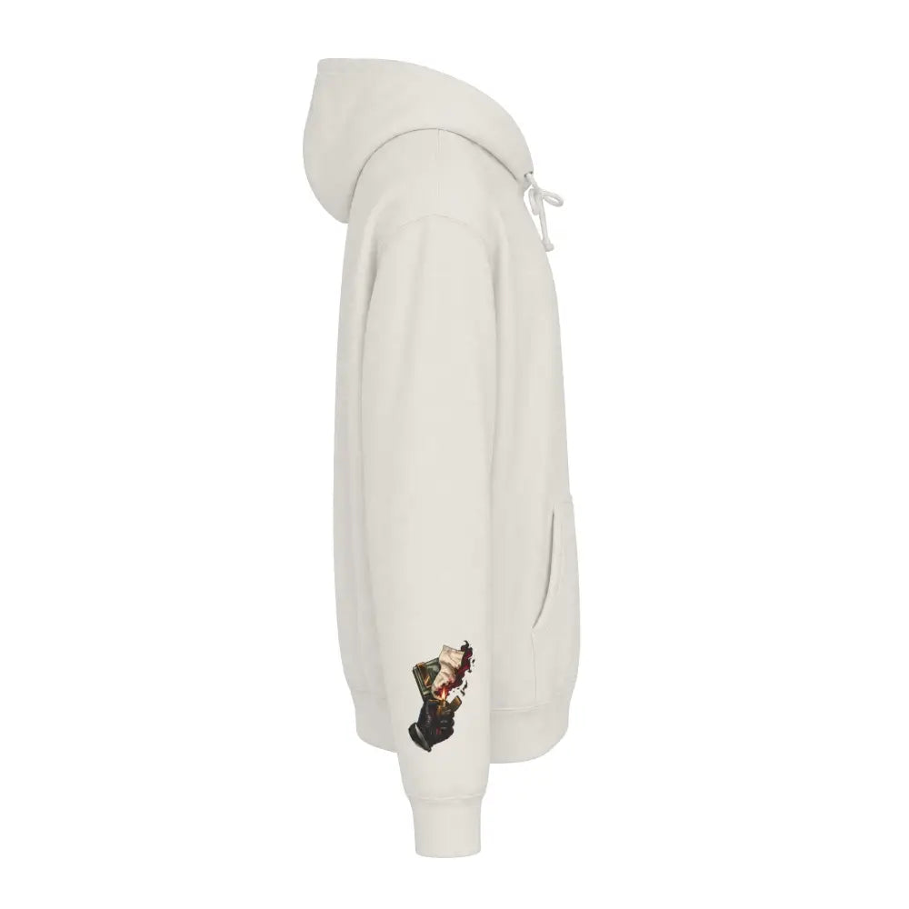 Cream-colored fleece-lined hood unisex hooded sweatshirt with ribbed cuffs and graphic hand holding book on left sleeve