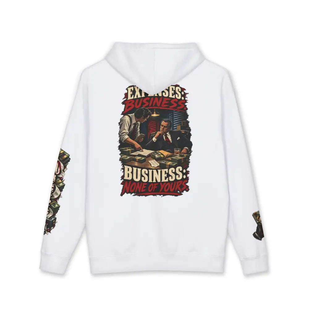 White fleece-lined hooded sweatshirt with ribbed cuffs featuring bold red graphic print and business-themed text
