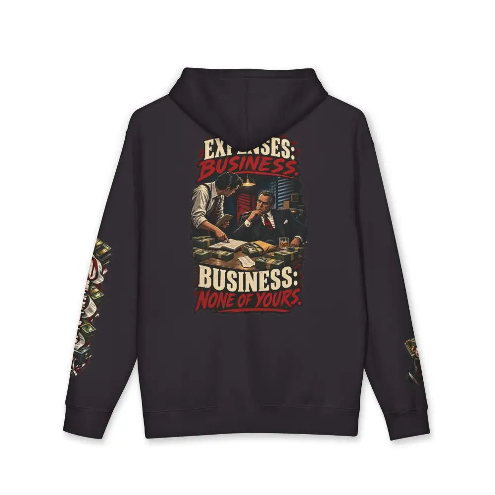 Black unisex fleece-lined hooded sweatshirt with vintage business graphic print and ribbed cuffs for casual wear
