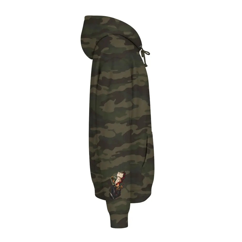 Dark green unisex hooded sweatshirt with fleece-lined hood ribbed cuffs and cash only graphic on sleeve