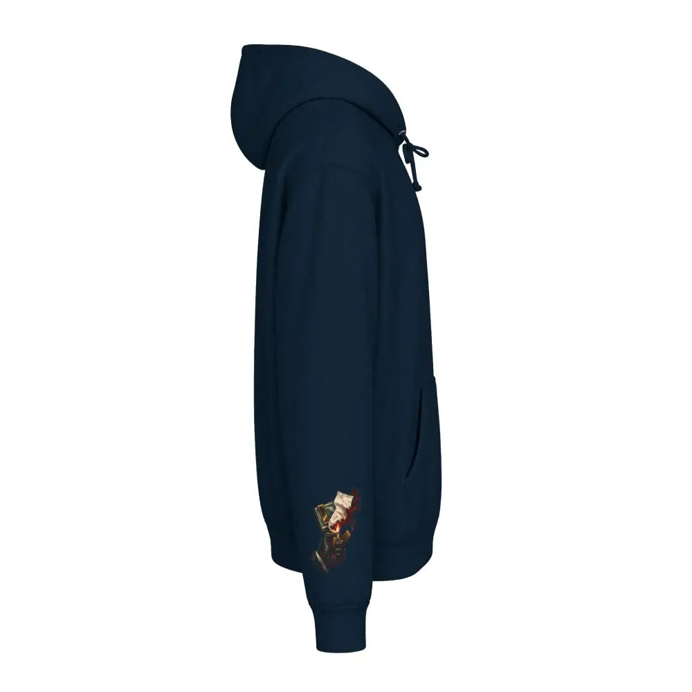 Navy blue unisex hooded sweatshirt with fleece-lined hood ribbed cuffs and small graphic print on lower left sleeve