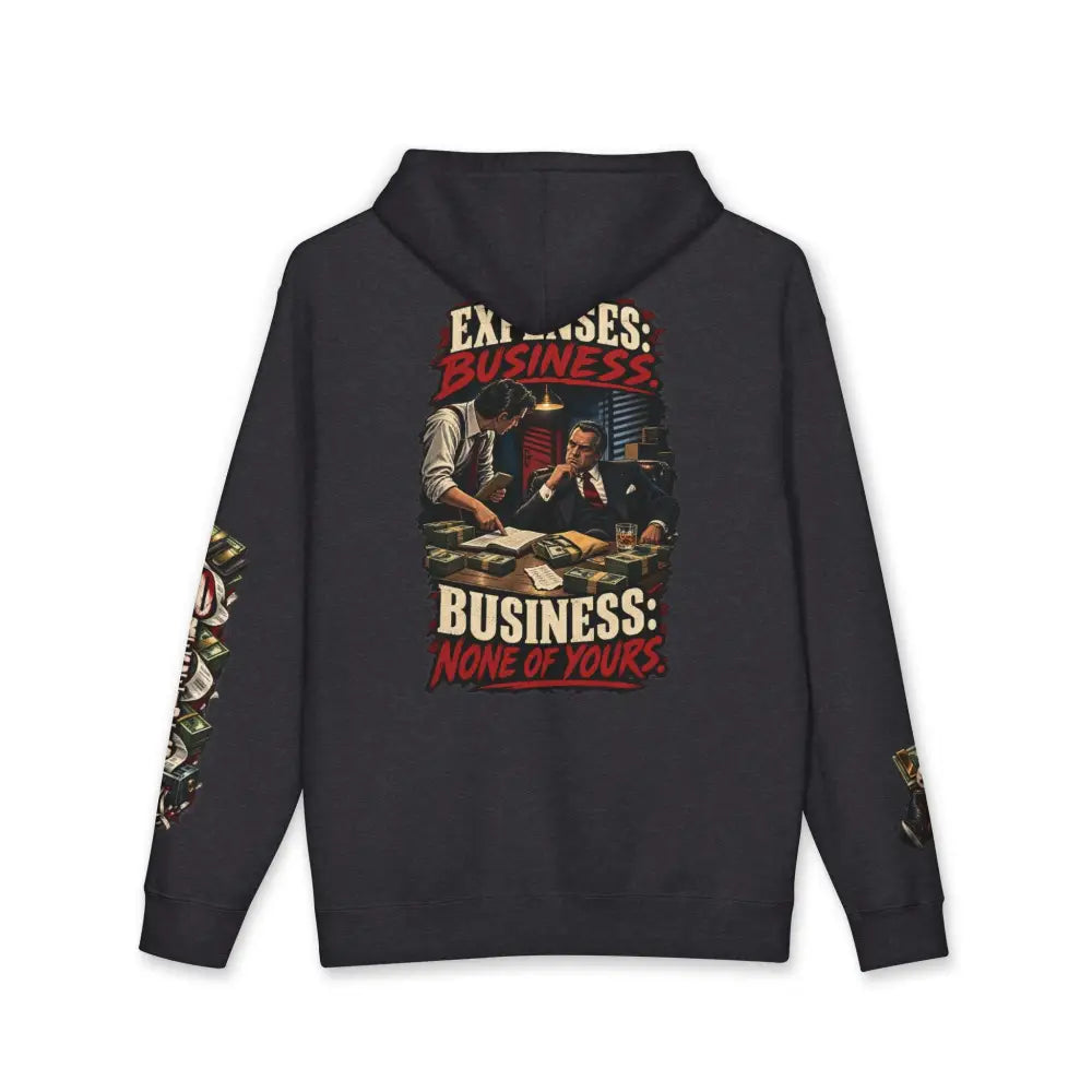 Black fleece-lined hooded sweatshirt with vintage cash only graphic ribbed cuffs and bold business none of yours text