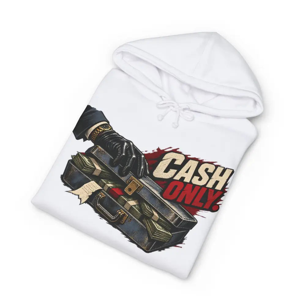 White fleece-lined hooded sweatshirt with graphic of gloved hand holding cash briefcase and ribbed cuffs