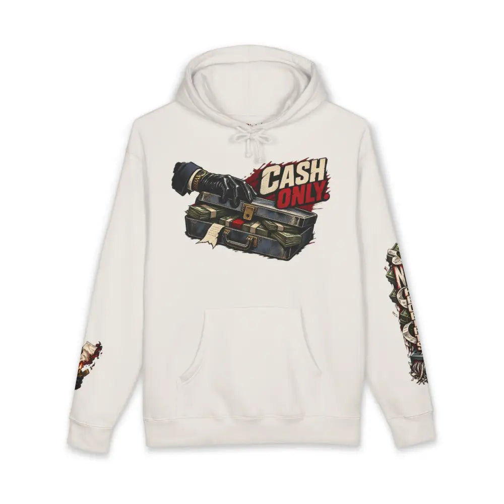 Off-white unisex hooded sweatshirt with fleece-lined hood, ribbed cuffs, and bold cash only graphic and sleeve accents