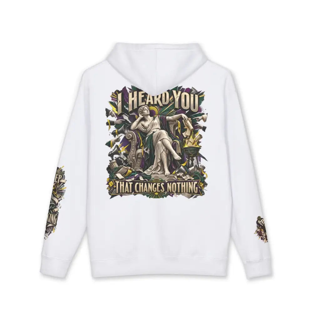White unisex fleece-lined hood hoodie with ribbed cuffs featuring gothic graphic print and colorful classical figure design