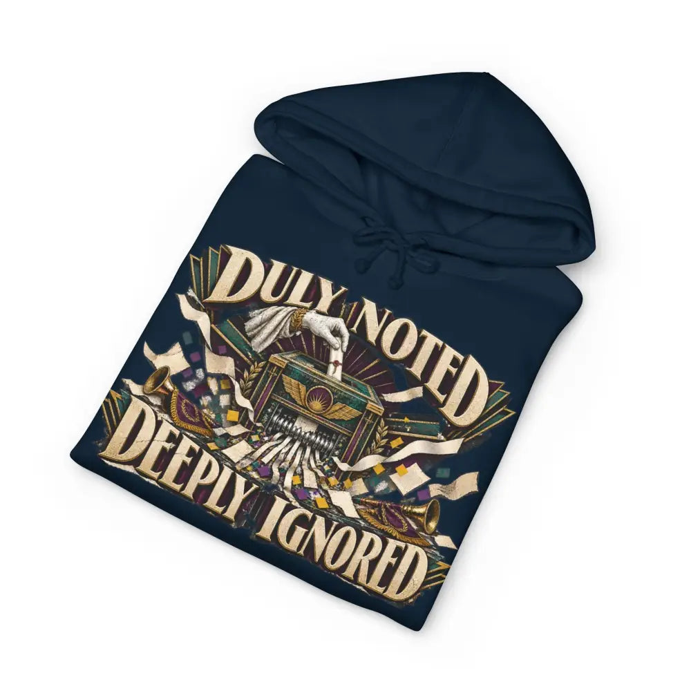 Navy blue unisex hoodie with fleece-lined hood, ribbed cuffs, and gold deeply ignored typewriter graphic pullover