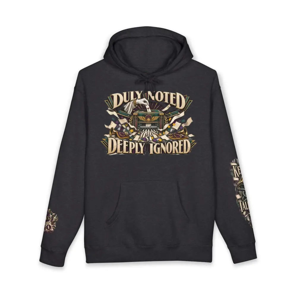 Black unisex hoodie with fleece-lined hood and ribbed cuffs featuring gold green deeply ignored graphic print