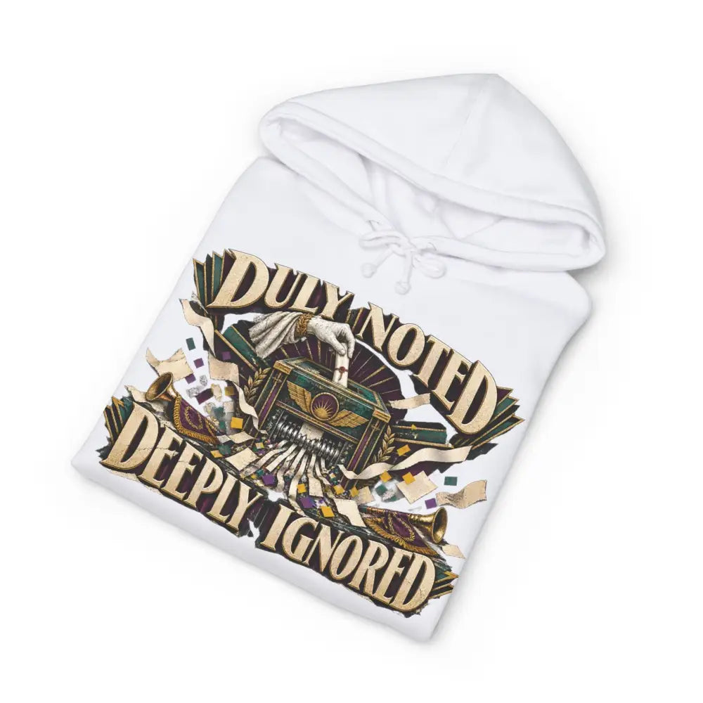 White unisex fleece-lined hood hoodie with ribbed cuffs featuring gold deeply ignored text and vintage typewriter graphic