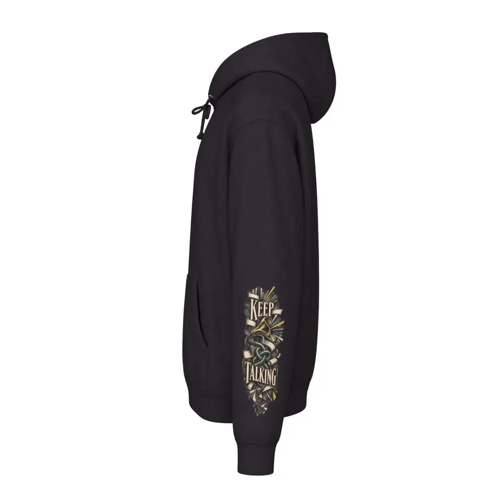 Unisex black fleece-lined hoodie with ribbed cuffs and detailed keep talking graphic on left sleeve in gold and green accents