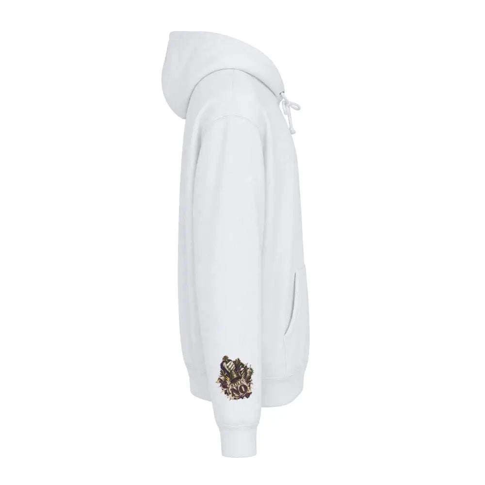 Unisex white fleece-lined hood hoodie with gold and black gothic graphic on left sleeve and ribbed cuffs