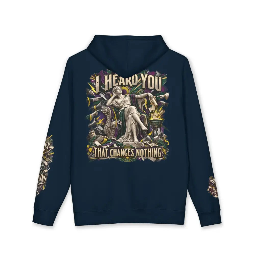 Dark navy blue unisex hoodie with fleece-lined hood ribbed cuffs and gothic graphic of classical statue and ornate designs