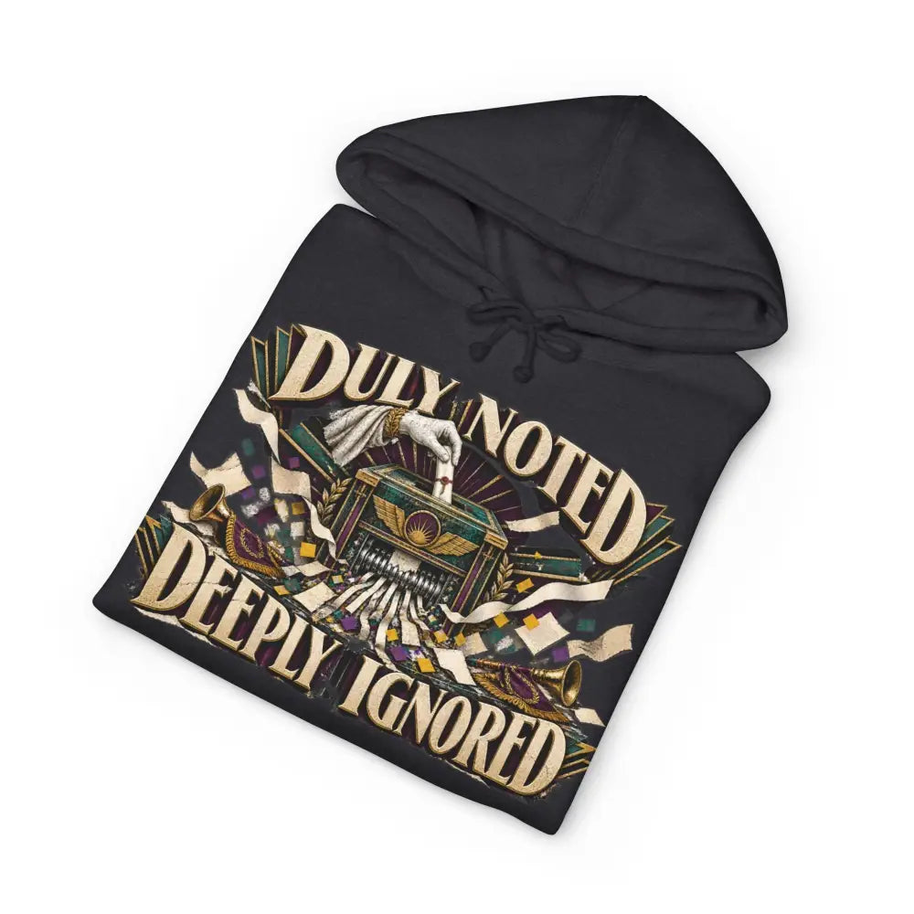 Black unisex hoodie with fleece-lined hood and ribbed cuffs features gold purple deeply ignored gothic graphic design